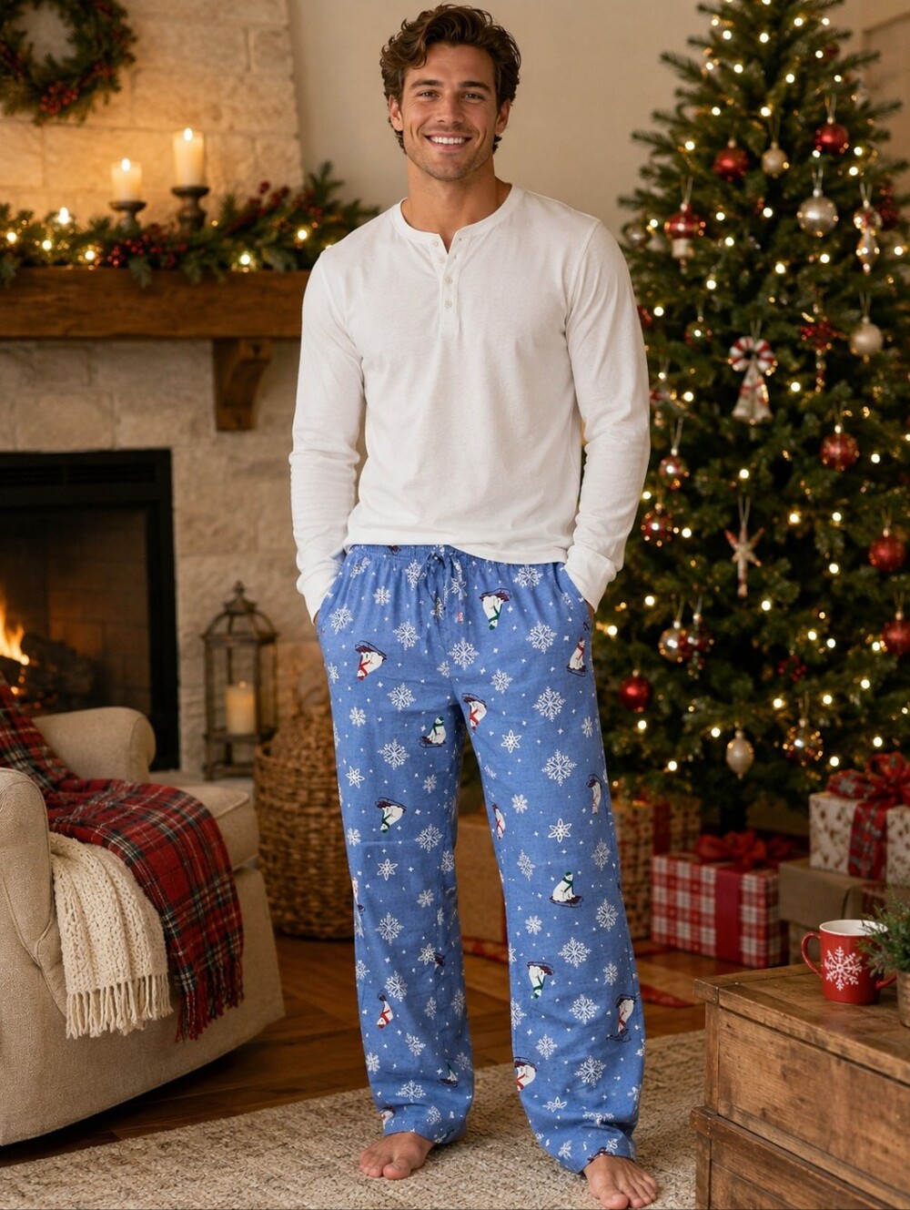 Old Navy Polar Bear Snowflake Flannel Pajama Pants Bottoms Blue Size L Christmas